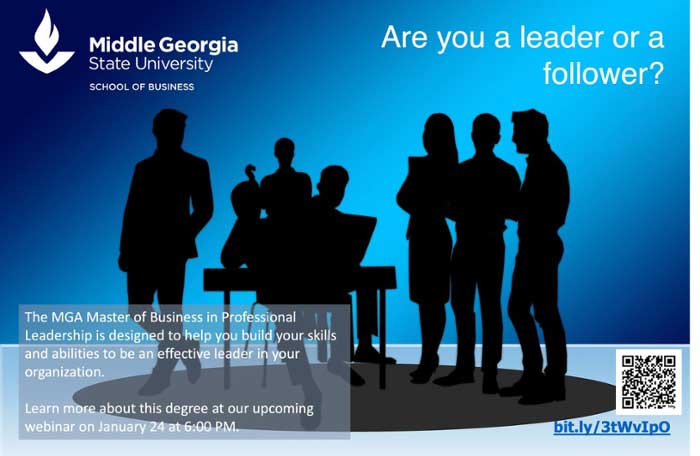Master of Business in Professional Leadership Webinar flyer.